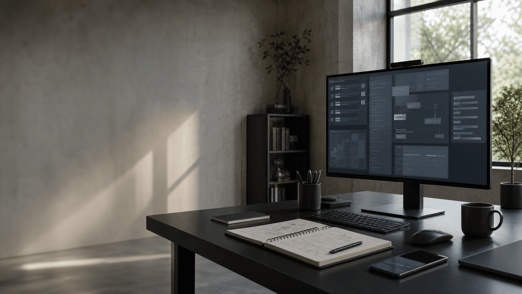 A calm software engineering workspace with product interfaces and architecture notes