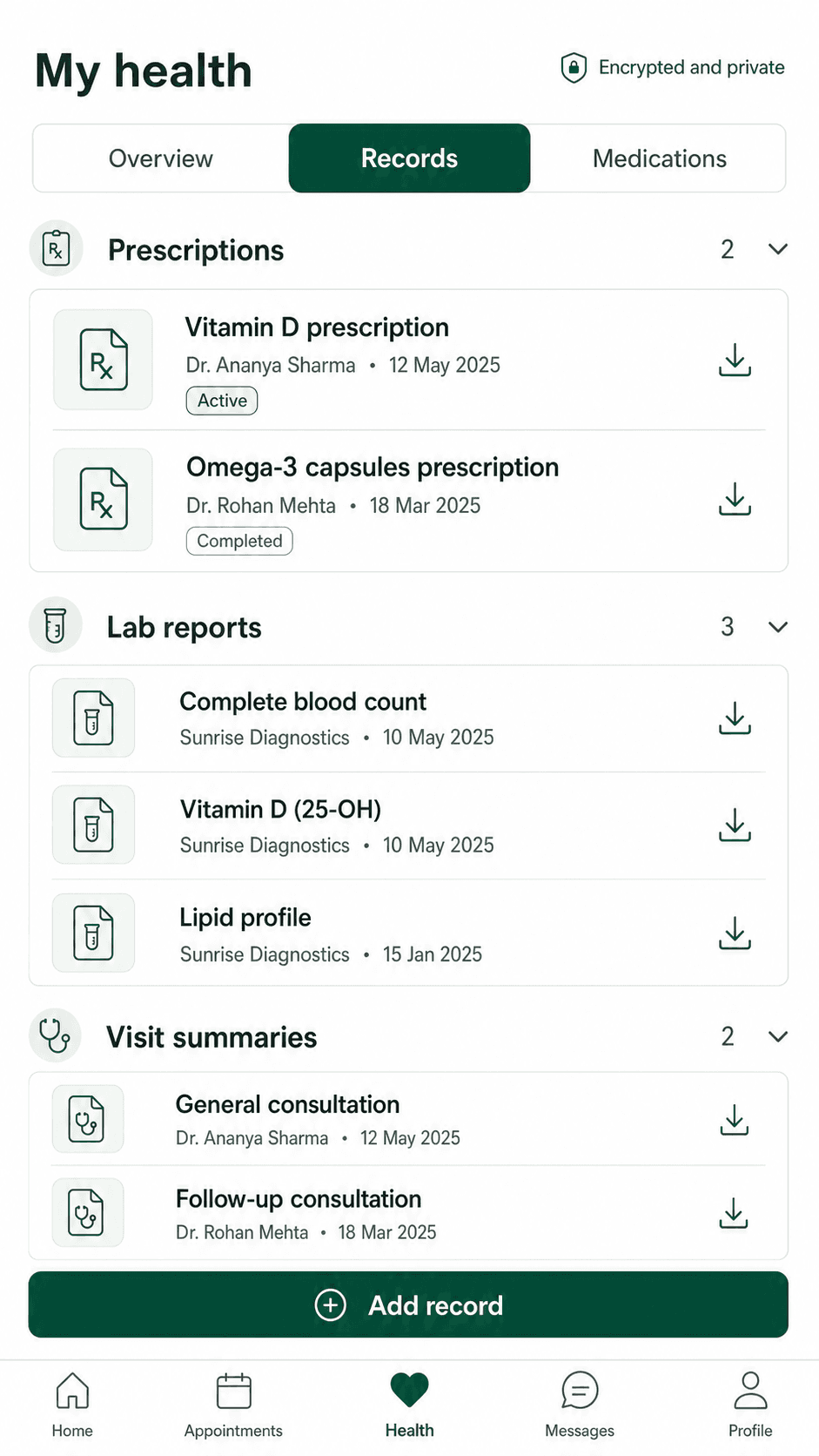 Wellora Health prescriptions, lab reports, and visit summaries